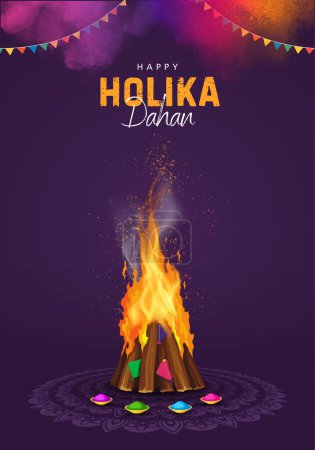 Feliz Holika Dahan Post y tarjeta de felicitación. Holika Dahan Indian Festival Celebración Volante Diseño y fondo Vector Ilustración