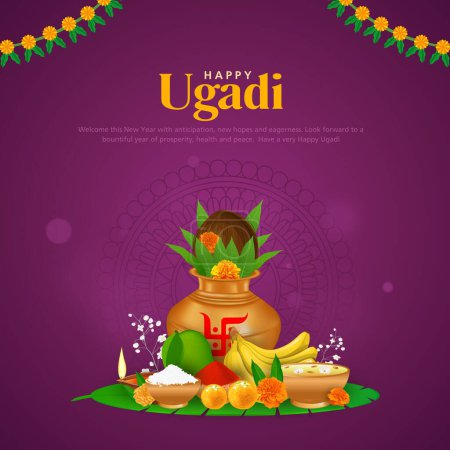 Grußkarte mit traditionellem Essen pachadi mit allen Geschmacksrichtungen für das indische Neujahrsfest Ugadi (Gudi Padwa). Vektorillustration.