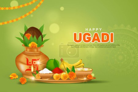 Vector Illustration Of Ugadi With decorated Kalash On Typographical Background.