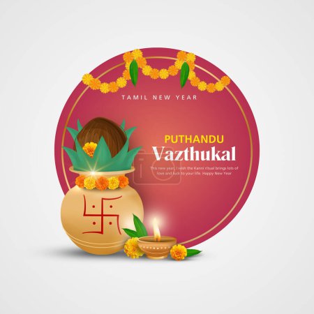 Téléchargez les illustrations : Illustration vectorielle sur le Nouvel An tamoul Puthandu avec des éléments festifs - en licence libre de droit
