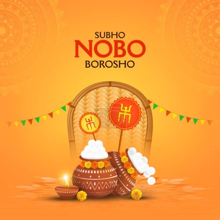 Illustration for Vector illustration of bengali new year Subho Nabo Barsho, a mud pot fill with rasgulla celebration background. - Royalty Free Image