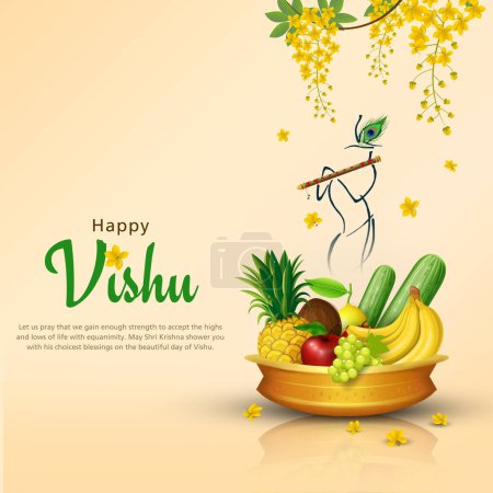 Téléchargez les illustrations : Joyeuses salutations Vishu. 14 avril Kerala festival avec Vishu Kani, fleur de vishu Fruits et légumes dans un récipient en bronze. illustration vectorielle - en licence libre de droit