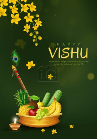 Illustration for Illustration vecter of vishu festival for kerala new year (vishukkani) poster, card, greeting, design with abstract background. - Royalty Free Image