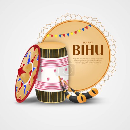 Téléchargez les illustrations : Fond de salutation avec tambour (dhol, onoinya) décoré avec gamosa, japi (chapeau de bambou) et pepa (corne) pour le Nouvel An Assamais du Nord indien (et la récolte) festival Rongali (Bohag) Bihu. Vecteur. - en licence libre de droit