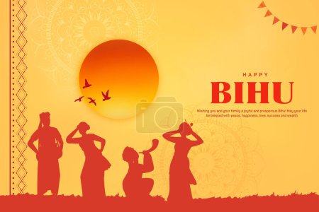 Téléchargez les illustrations : Illustration vectorielle d'arrière-plan traditionnel pour Bihu Happy Bihu, Nouvel An assamais, Festival traditionnel indien, Festival de la récolte d'Assam - en licence libre de droit