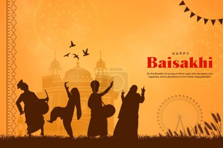 Élément de célébration du festival indien et texte souhaité sur fond jaune, poster Happy Baisakhi ou flyer design.