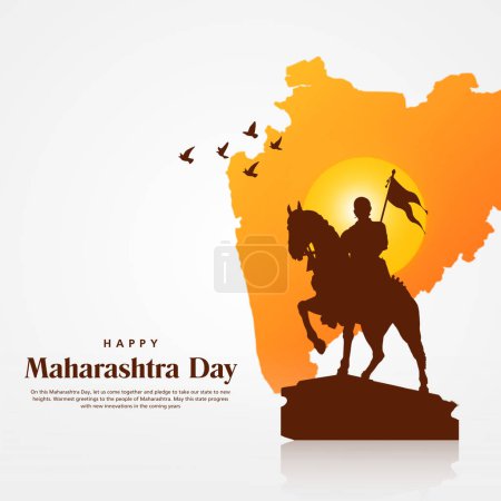 Illustration for Maharashtra Day Hindi Calligraphy with Maharashtra map vector and Shivaji Maharaj silhouette vector banner design - Royalty Free Image