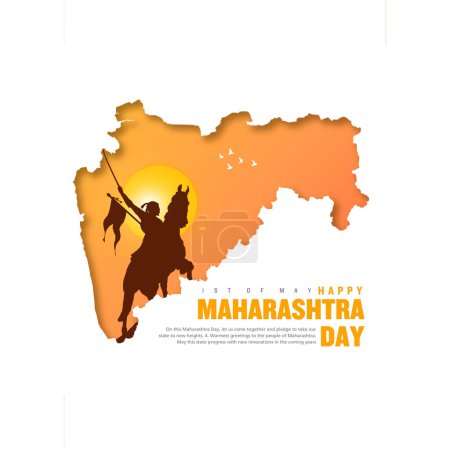 Illustration for Maharashtra Day Hindi Calligraphy with Maharashtra map vector and Shivaji Maharaj silhouette vector banner design - Royalty Free Image
