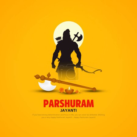 Entwurf für Happy Parshuram Jayanti, ein indisches Fest mit Mittelalterbeil von Lord Parshuram und Fahne. Schöne Typografie