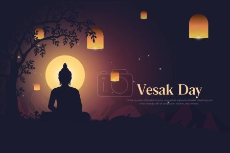 Kreatives Konzept zum Vesaktag für Karte oder Banner. Der Vesaktag ist für Buddhisten ein heiliger Tag. Happy Buddha Day mit Siddhartha Gautama Statue Design Vector Illustration