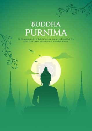 Happy Vesak Day, Buddha Purnima wishes greetings with buddha and lotus illustration. Can be used for poster, banner, logo, background, greetings, print design, festive elements. vector illustration