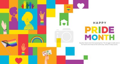 Happy Pride month landing web page template for lgbt rights or social issues event in june. Colorful mosaic illustration includes gay couple, diverse people group and more.
