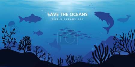 Retten wir unsere Ozeane. Weltmeere Tag-Design mit Unterwasser-Ozean, Delphin, Hai, Korallen, Meerespflanzen, Rochen und Schildkröten
