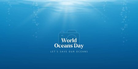 Let's save our oceans. World oceans day design with underwater ocean, dolphin, shark, coral, sea plants, stingray and turtle