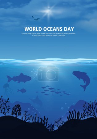 Let's save our oceans. World oceans day design with underwater ocean, dolphin, shark, coral, sea plants, stingray and turtle