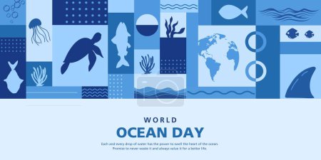 Fondo del día de los océanos del mundo feliz con océano submarino, coral claro brillante, plantas marinas, raya y tortuga en patrón de mosaico. Ilustración vectorial