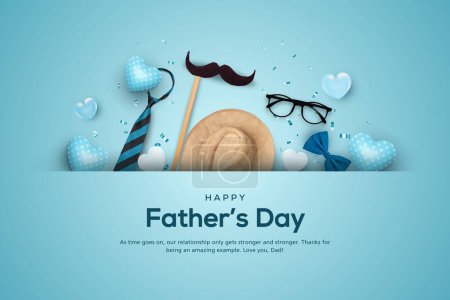 Father's Day poster or banner template with necktie and mustache on blue background.Greetings and presents for Father's Day in flat lay styling.Promotion and shopping template for love dad