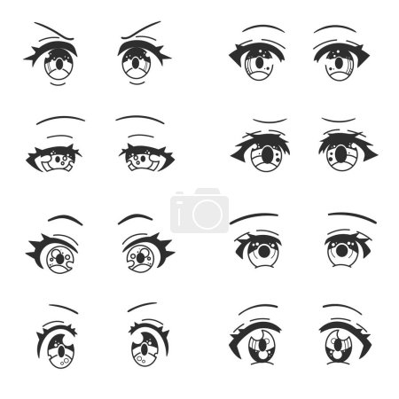 Set of expressions in anime style. Outline drawing for manga. Hand drawn illustration isolated on white background