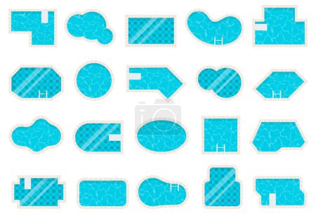 Pool top view. Water texture. Swimming pools different shapes,  summer vacation. Vector set. Summer vacation elements