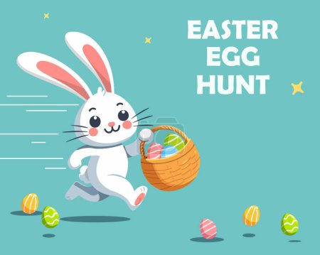Happy Easter egg hunt contest with copy space. Easter festival background with funny bunny run away