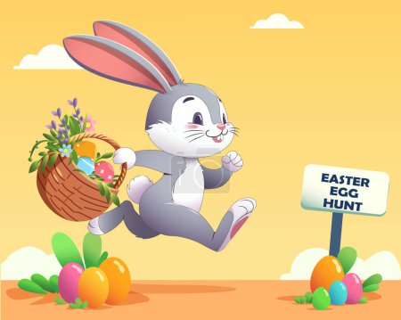 Illustration for Happy Easter egg hunt contest with copy space. Easter festival background with funny bunny run away - Royalty Free Image