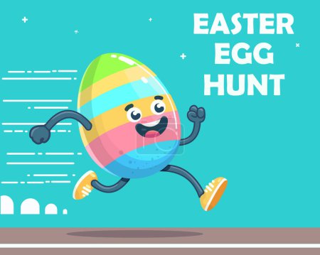 Happy Easter egg hunt contest with copy space. Easter festival background with funny Eggs run away