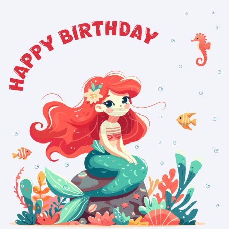Colorful Happy birthday greeting card with cute and modest mermaid sitting on the stone with seaweed. Vector Illustration
