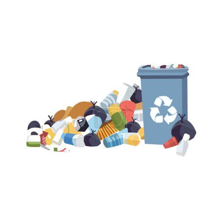 Various garbage near the trash can. Trash for recycle and reduce ecology environment. Vector illustration