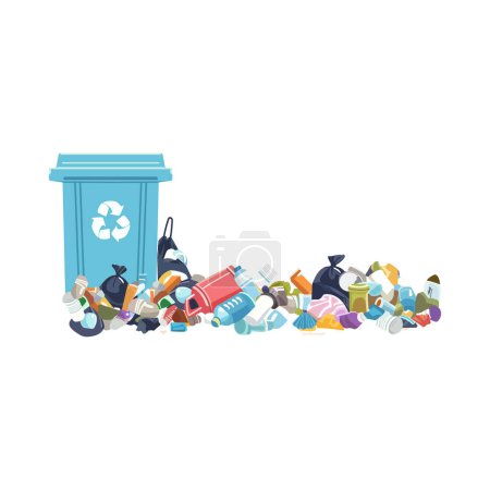 Various garbage near the trash can. Trash for recycle and reduce ecology environment. Vector illustration
