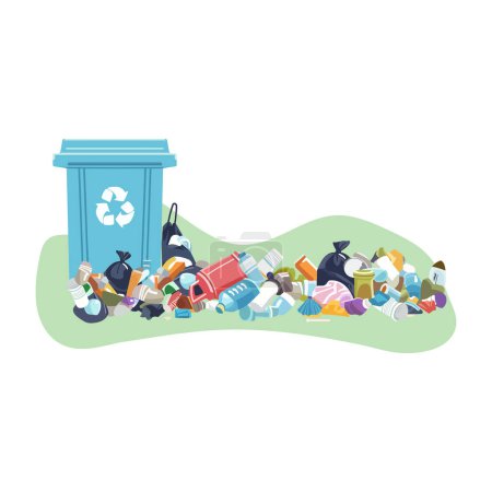 Verschiedene Mülltonnen in der Nähe des Mülleimers. Müll zum Recyceln und zur Verringerung der Umweltbelastung. Vektorillustration