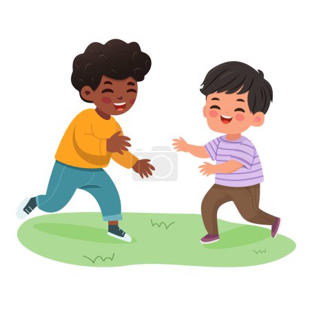 Deux enfants internationaux souriants qui jouent et courent. Caractère de bande dessinée dans le style de conception plat isolé. Illustration vectorielle