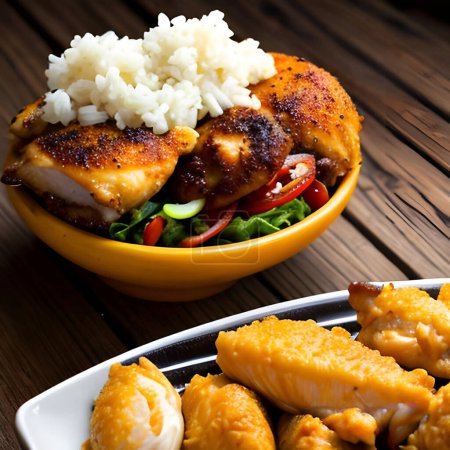 Gebratenes Huhn auf Teller mit Reis