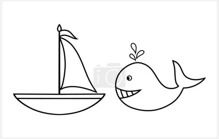Illustration for Doodle marine set clipart isolated. Hand drawn line art. Whale and yach. Sea coloring page book. Vector stock iillustration. EPS 10 - Royalty Free Image