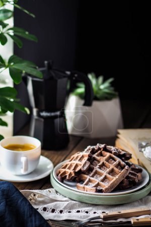 Photo for Gluten waffles and coffee cafe. fresh breakfast. Homemade food. - Royalty Free Image