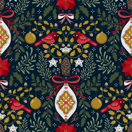 Ilustración de Patrón sin costura de simetría de Navidad vectorial con decoraciones navideñas y botánica de invierno - Imagen libre de derechos