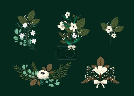 Illustration for Vector Christmas arrangements collection with winter botanical on dark background - Royalty Free Image