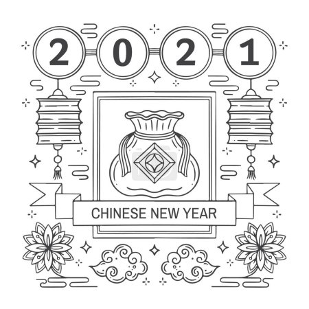 Illustration for Chinese Happy New Year 2021. Year of the Bull. Greetings card with bag of coins, lantern, clouds and Chinese sumbols. - Royalty Free Image