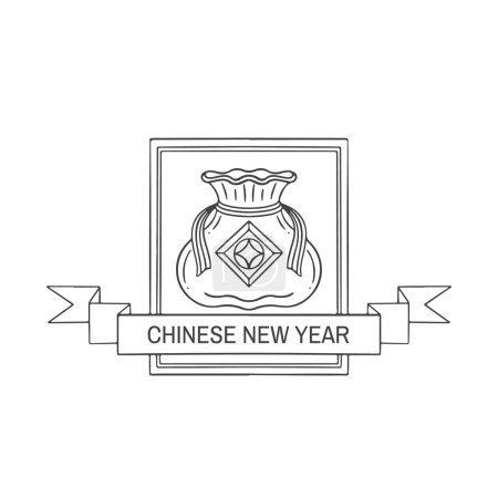Téléchargez les illustrations : Carte de vœux vectorielle du Nouvel An chinois avec sac et pièces et ruban isolés sur fond blanc - en licence libre de droit