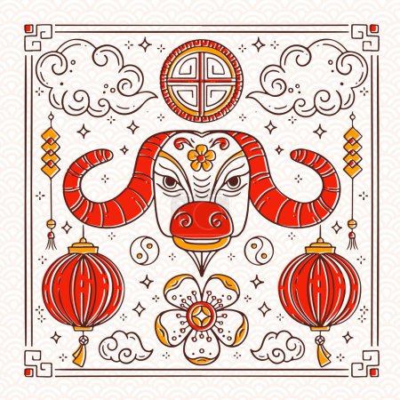 Téléchargez les illustrations : Bonne année chinoise 2021. Année du taureau. Carte de voeux avec bœuf, lanternes et sumbols chinois. - en licence libre de droit
