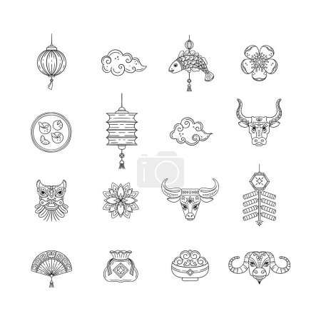 Illustration for Vector line icons with Chinese lunar calendar symbols isolated on white background. Chinese new year 2021 - Royalty Free Image