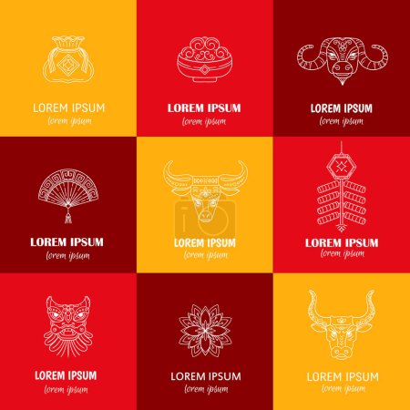 Illustration for Vector Chinese New Year line icons isolated on white background. Year of ox - Royalty Free Image