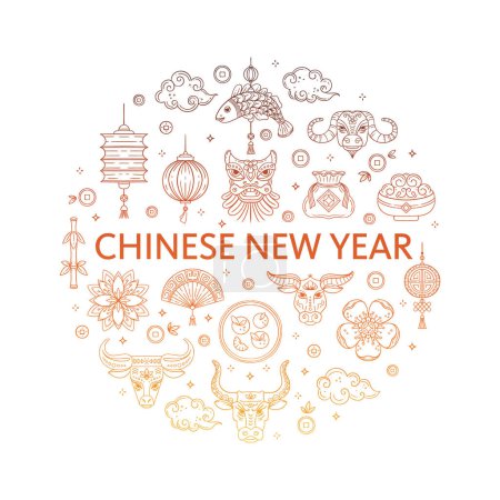 Téléchargez les illustrations : Carte de vœux vectorielle du Nouvel An chinois avec ornement circulaire fait avec icône de ligne. Année de bœuf, icônes de ligne minces isolées sur fond blanc - en licence libre de droit