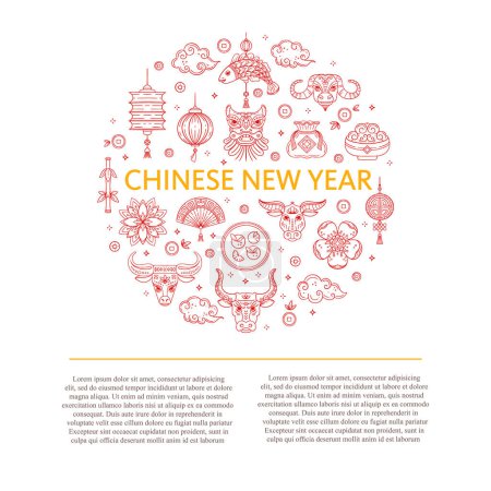 Téléchargez les illustrations : Cartes de vœux vectorielles du Nouvel An chinois avec ornement circulaire et texte. Année de bœuf, icônes de ligne minces isolées sur fond blanc - en licence libre de droit