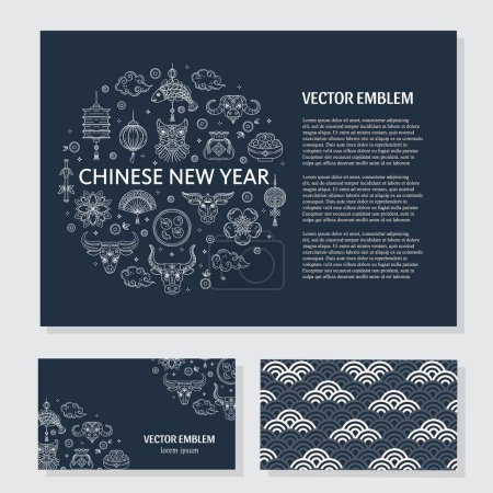 Ilustración de Vector chino Tarjetas de felicitación de año nuevo con adorno de círculo y texto. Año de buey, iconos de línea delgada aislados sobre fondo blanco - Imagen libre de derechos