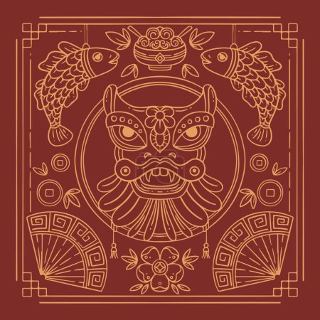 Téléchargez les illustrations : Bonne année chinoise 2021. Année du taureau. Carte de voeux avec dragon, poisson, pièces et sumbols chinois. - en licence libre de droit