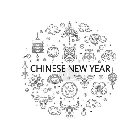 Ilustración de Tarjeta de felicitación de año nuevo vectorial chino con adorno de círculo hecho con icono de línea. Año de buey, iconos de línea delgada aislados sobre fondo blanco - Imagen libre de derechos
