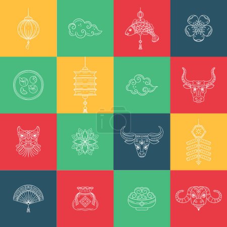 Téléchargez les illustrations : Icônes de ligne vectorielle avec des symboles de calendrier lunaire chinois isolés sur fond blanc. Nouvel an chinois 2021 - en licence libre de droit