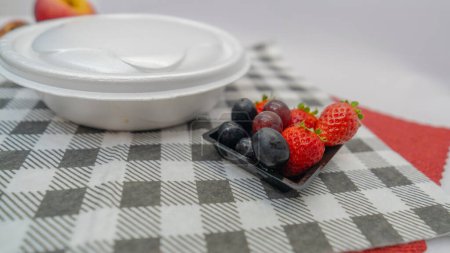 Téléchargez les photos : Nourriture brésilienne typique scellée dans un récipient en polystyrène pour la livraison à domicile avec des fruits - en image libre de droit