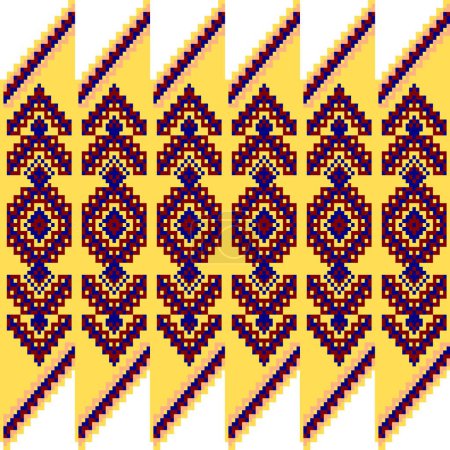 . Pixel ethnic pattern, Vector embroidery pattern background, Geometric traditional triangle style, Blue and orange pattern knitting vintage, Design for textile, fabric, batik, kaftan, fibres,