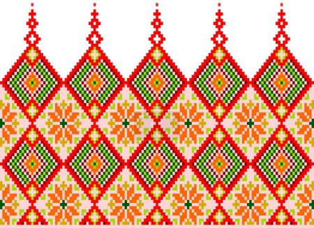 . Pixel ethnic pattern, Vector embroidery pattern background, Geometric traditional triangle style, Blue and orange pattern knitting vintage, Design for textile, fabric, batik, kaftan, fibres,